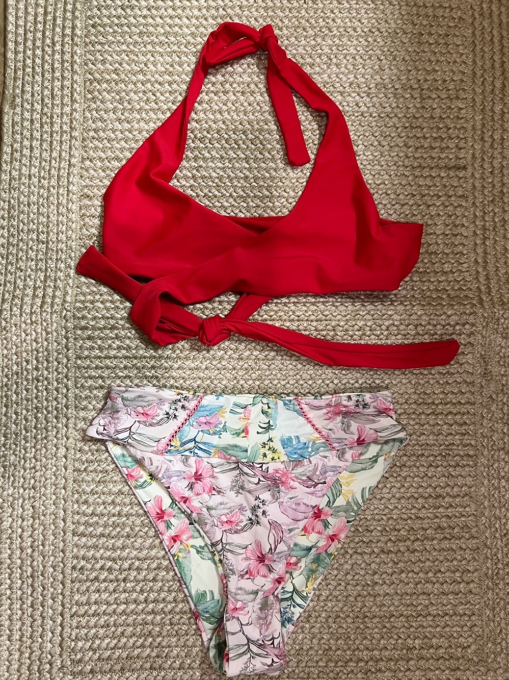 Hurley Floral High-Waist Bottom. Red Halter Bikini top by Hanna Bikinis